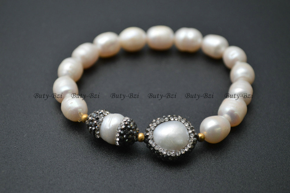 Paved Black Crystal Natural Fresh Water Pearl Big Potato Beads Stretch Charm Bracelets High Quality Fashion Woman Jewelry Gift