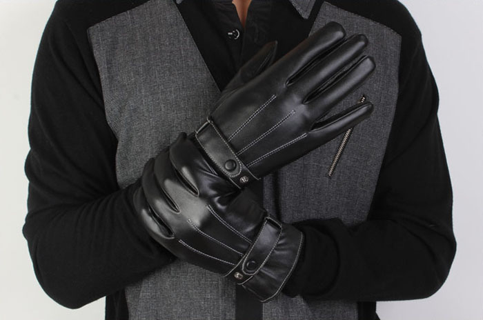 Mens PU Leather Winter Warm Mittens Gloves Cashmere Outdoor Button Windproof Gloves Driving Luxurious Luvas Motociclismo #D