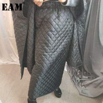 [EAM] 2021 Spring Woman Stylish Black Green Color High Waist Diamond Shape Cotton-padded Half-body Skirt All Match LI073