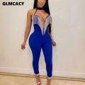 Women Plus Size Halter Backless Crystal Tassels Bodycon Jumpsuit Sleeveless Skinny Sexy & Club Shining Sparkly Party Overall