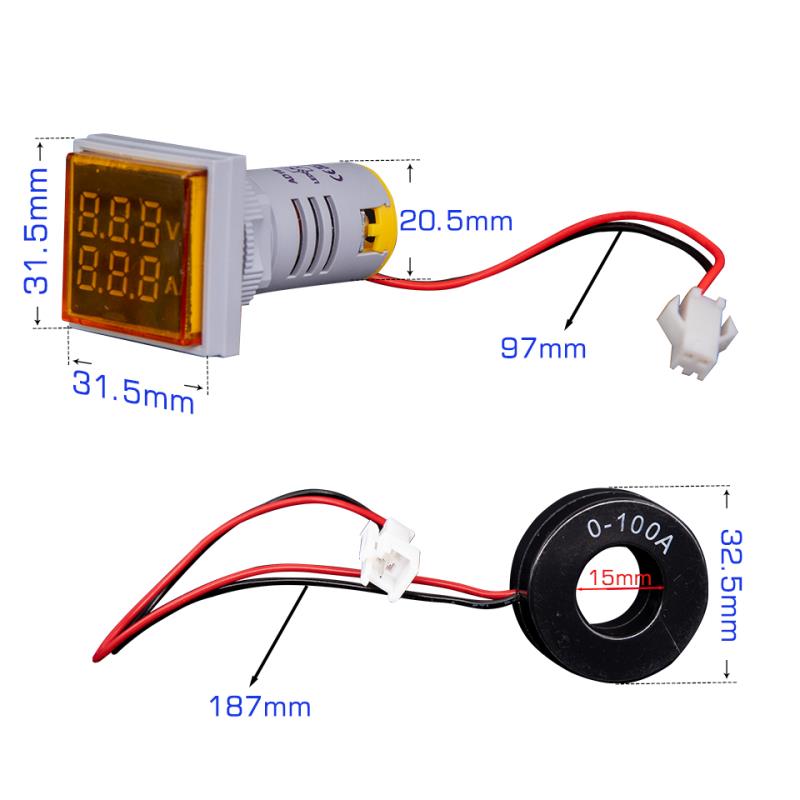 AC 60-500V 0-100A Square 22mm LED Digital Dual Display Ammeter Voltmeter Voltage Gauge Current Meter led Modules Indicator light