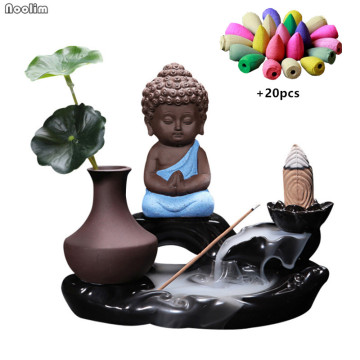 Ceramic Backflow Buddha Incense Burner Waterfall Little Monk Incense Censer Home Decor Aroma Furnace + 20pcs Incense Cones