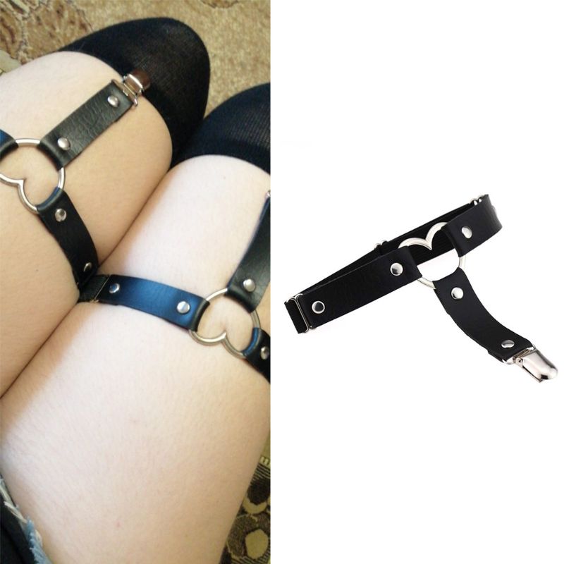 Women Sexy Adjustable Elasticity Leg Harness Garter Belt Punk Gothic Metal Heart Thigh Ring With Anti-Slip Clip Cosplay Lingerie