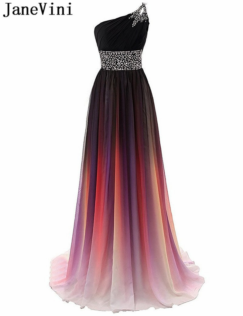 JaneVini Rainbow Shadow Gradient Prom Dresses Long Ombre Beaded Women Party Dress Evening Gowns robe grande taille femme 2020