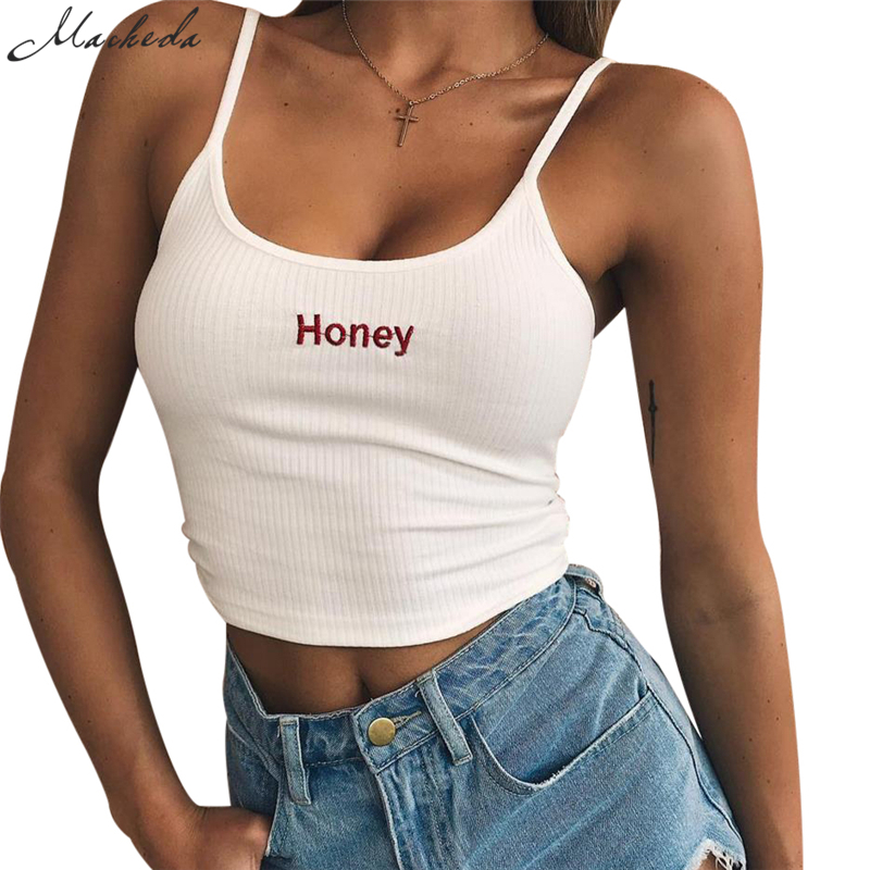 Macheda 2018 New Fashion Women Tank Tops Red White Letter "Honey" Print Sexy Casual Sleeveless Camisole Crochet Croptop