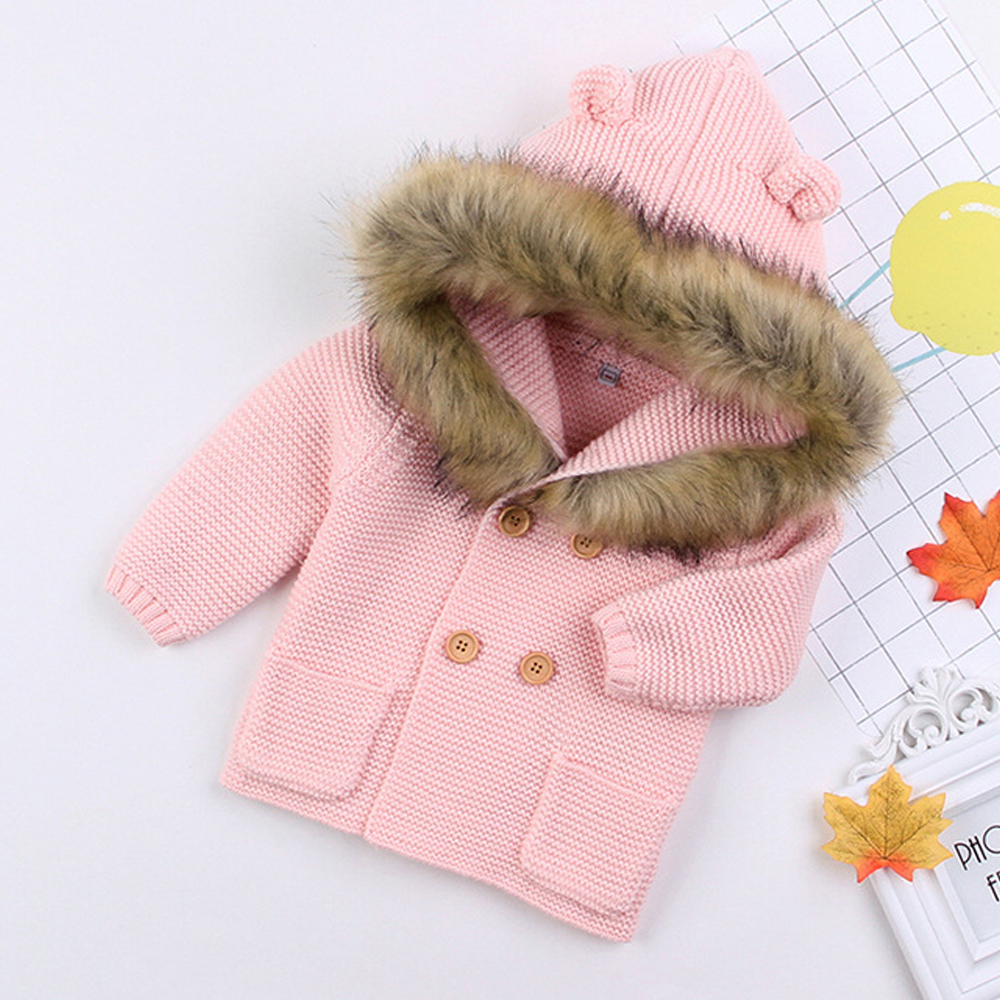 Newborn Baby Boys Girls Coat Outwear Autumn Winter Clothes Long Sleeve Fur Hooded Knitting Sweater Tops Toddler Baby Clothing