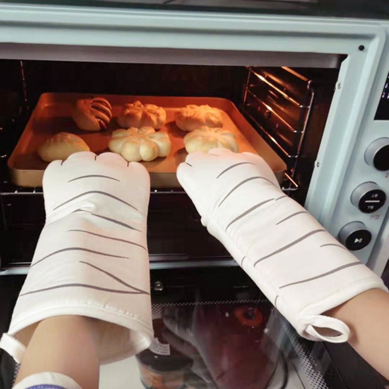 3D Cartoon Cat Paws Oven Mitts Long Cotton Baking Insulation Gloves Microwave Heat Resistant Non-slip Kitchen Gloves**