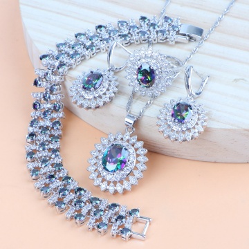 Rainbow 925 Sterling Silver Women Costume Bridal Jewelry Sets Wedding Zircon Necklace Set Bracelet Rings Earring Pendant Jewelry