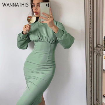 WannaThis Party Dresses Women Long Sleeve Dress Hight Neck Knee-Length Lantern Sleeve Autumn Skinny Solid dresses for women 2020