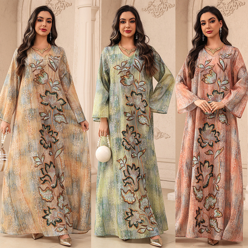 Floral Sequin Embroidered Abaya Dress Detail