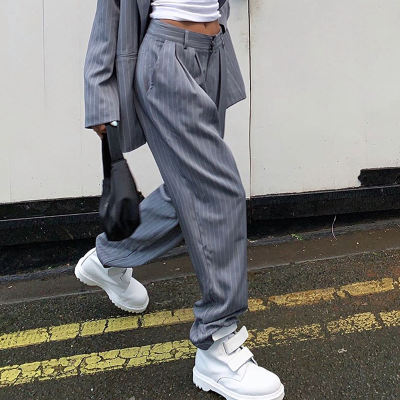 HEYounGIRL Casual Loose Suit Pants Women Striped High Waist Straight Pants Capris Long Solid Streetwear Trousers Ladies Summer