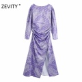 ZEVITY New Women Vintage cashew nuts print casual slim split midi dress Ladies wasit pleated Vestidos Chic zipper Dresses DS4305