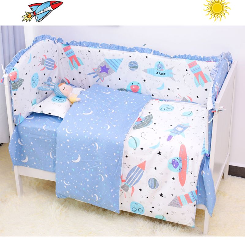 5pcs Cotton Baby Bedding Set Washable Universe Design Toddler Crib Bumper Bed Sheet Pillowcase