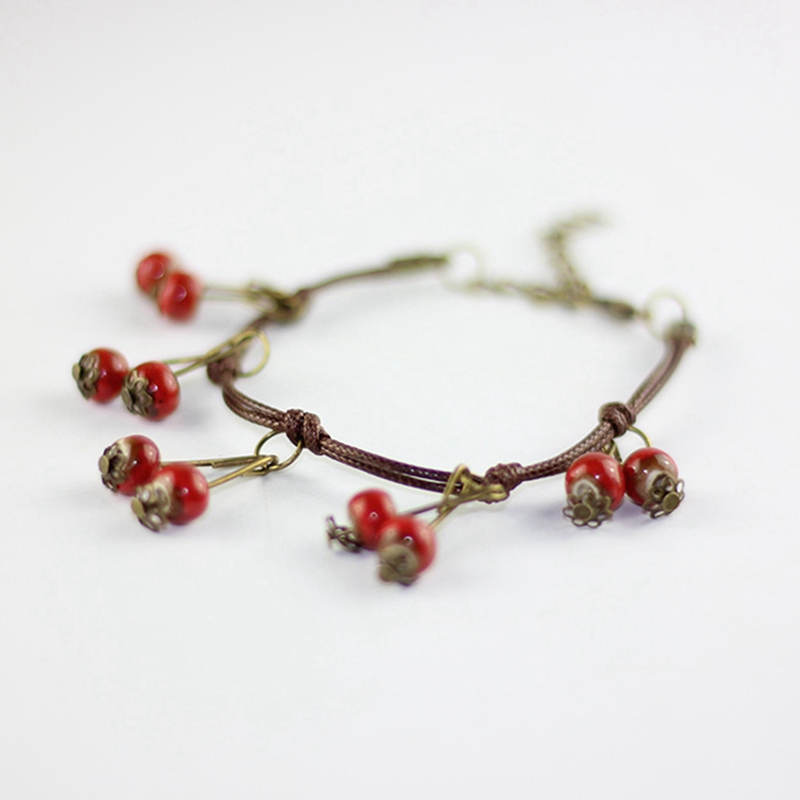 Creative Handmade Jewelry Sweet Small Fresh Cherry Fruit Ceramic Bracelet Simple Vintage Ethnic Style Girl Women Accessories