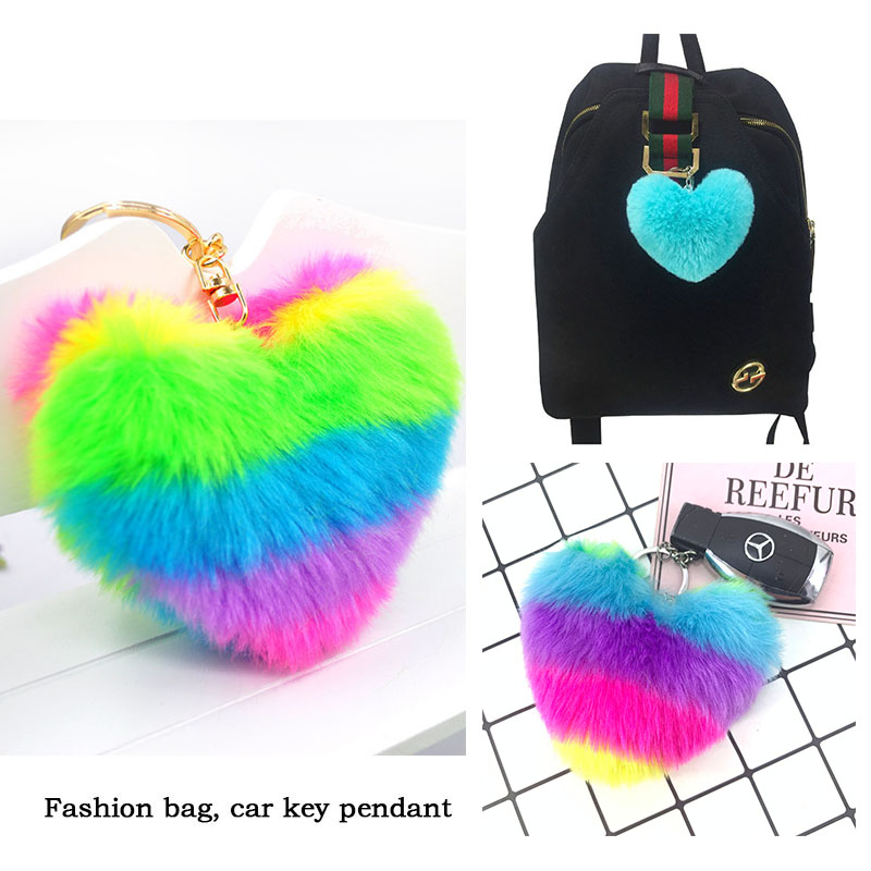 Heart Pompoms Keychain Rainbow Plush Balls Key Chains Decorative Pendant for Women Bag Accessories Keychains Car Fashion Keyring