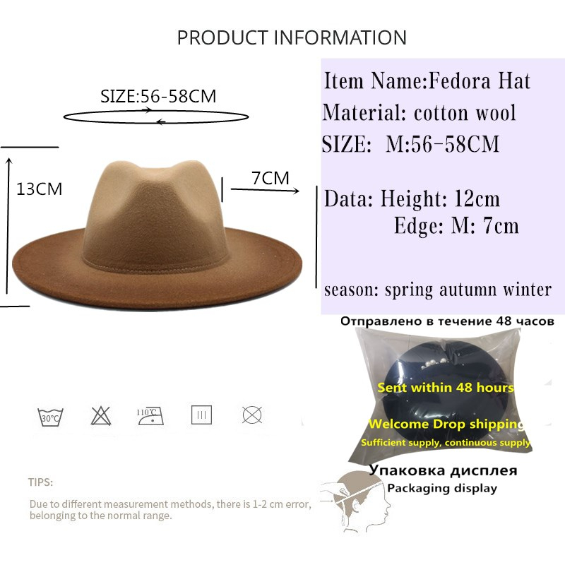 2-color gradient New Wide Brim wool Fedora Hat For Women Wool Felt Hats For Men Fall Winter Panama Gamble Jazz Cap