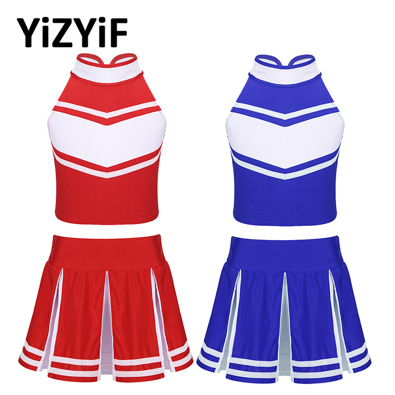 Cheerleader Costume Kids Girls Jazz Dance Costume Sleeveless Zippered Tops with Pleated Skirt Set School Cheerleading Uniforms