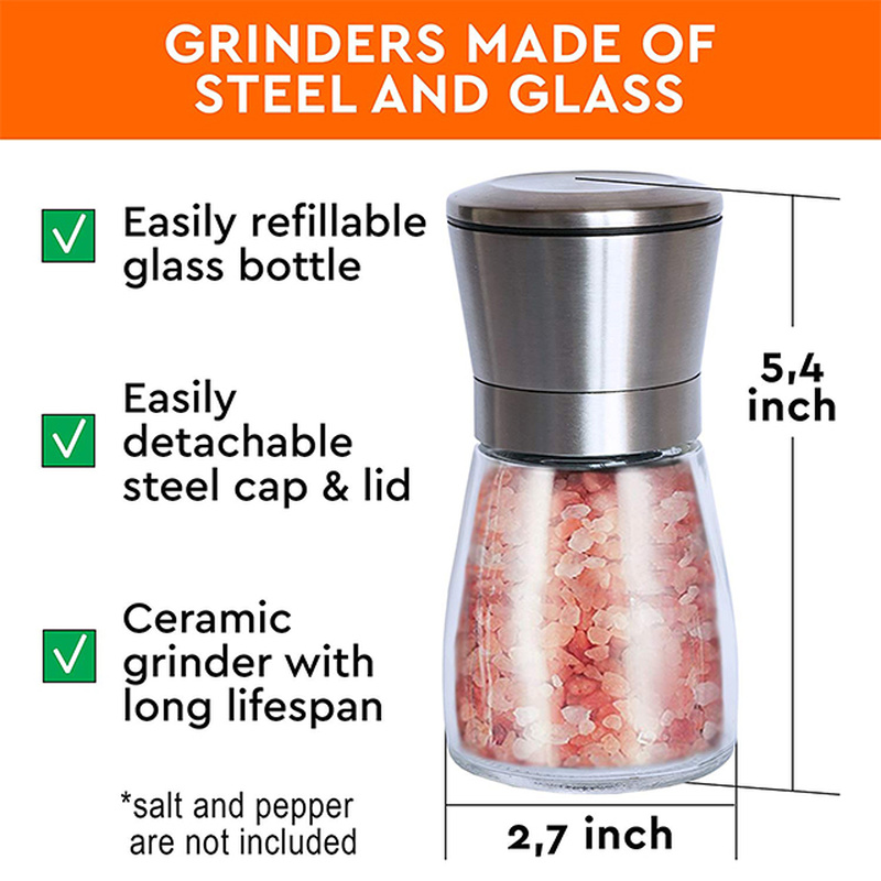 2PCS Stainless Steel Mills with Adjustable Coarseness Stand Salt and Pepper Grinder Set Manual Spice Grinder Kitchen Tools