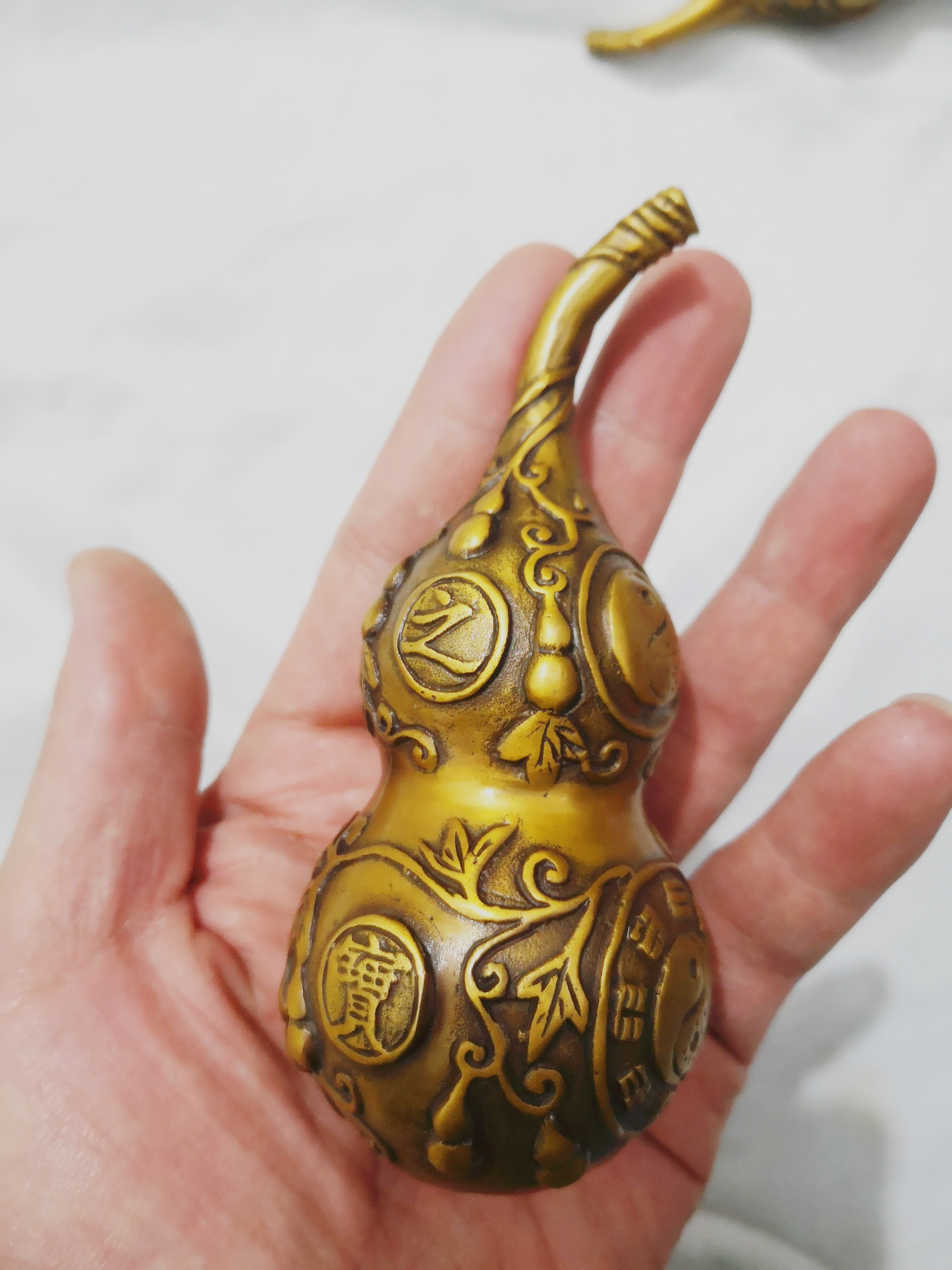 Chinese Folk Bronze brass Carved FengShui Gourd Cucurbit lucky decoration Statue