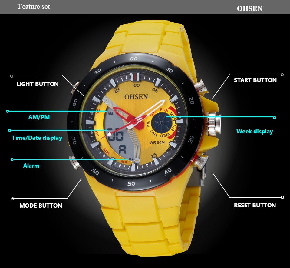 Digital quartz Men wristwatch fashion Yellow waterproof sport watch male LED alarm stopwatch dual time clocks relogio masculino
