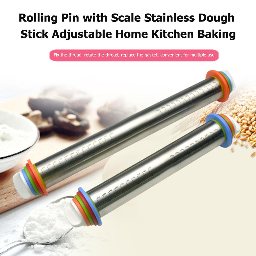 Stainless Roller Pin with Scale Flour Dough Stick Adjustable Removable Thickness Rings Home Kitchen Pizza Pie Baking Tool