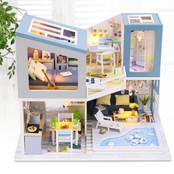 Diy 3D Wooden Miniature Duplex Double Villa Dollhouse Kit Creative Building Assembly Model Cabin Christmas Birthday Gifts