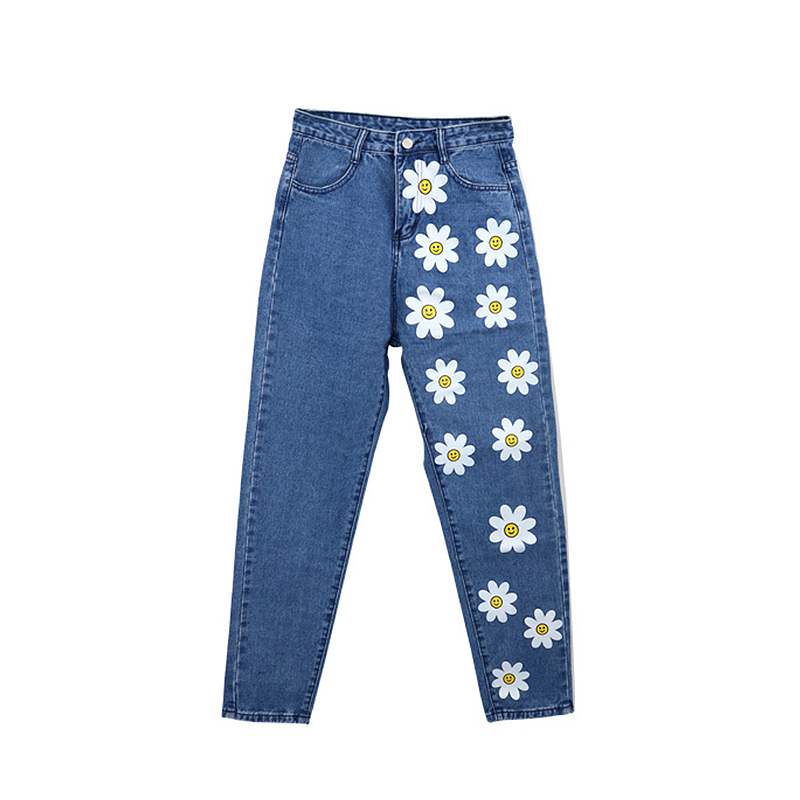 2020 hot new European and American flowers fresh and fresh women's jeans printed thin jeans casual pants