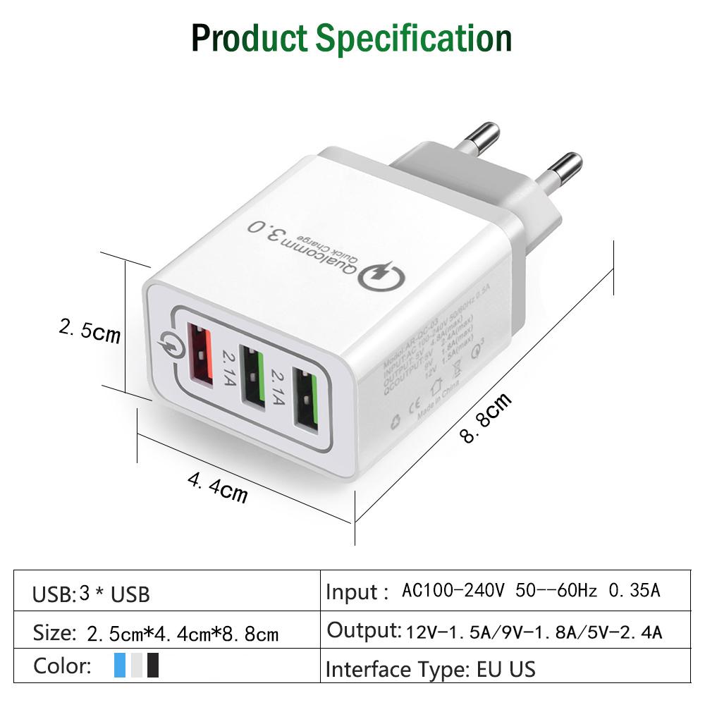 3 Ports 18W Portable Travel USB Wall Charger Quick Charge QC 3.0 2.0 Fast Charger Wall Adapter For Samsung S7 Xiaomi iPhone iPad