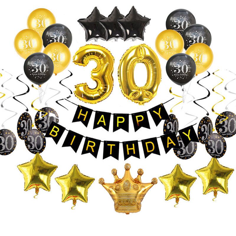 30 Black Gold Happy Birthday Disposable Tableware Number Balloons Banner Party Supplies Adult 30 Year Birthday Party Decorations