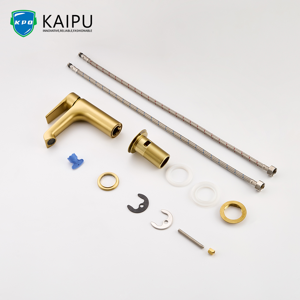 Brushed gold basin mixer with drainer (26)