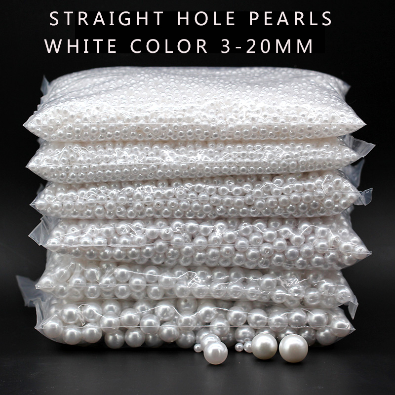 3mm-20mm straight holes white round Acrylic Sewing pearl spacer beads clothes headwear shoes bag craft beaded DIY Jewelry Making