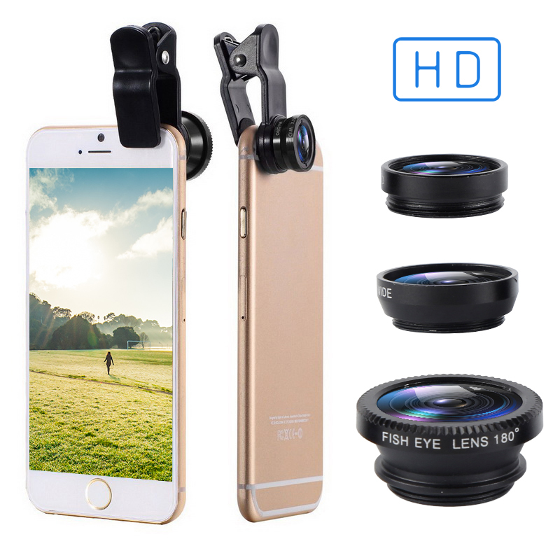 3 In 1 Fisheye Lens Lenses Mobile Phone Clip Lens With Fiber Lens Bag Angle Lens Camera Macro For IPhone Xiaomi Huawei Lenovo