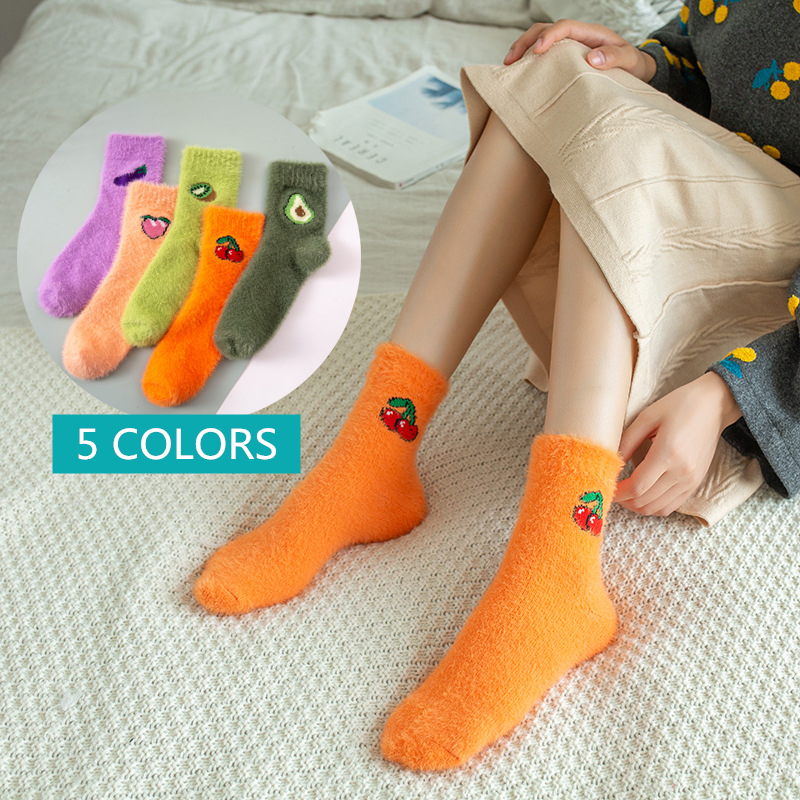 Winter Imitate Mink Velvet Socks Cute Fruit Socks Thicken Warm Women Socks Sleep Socks Girls Home Floor Bedroom Sox Harajuku