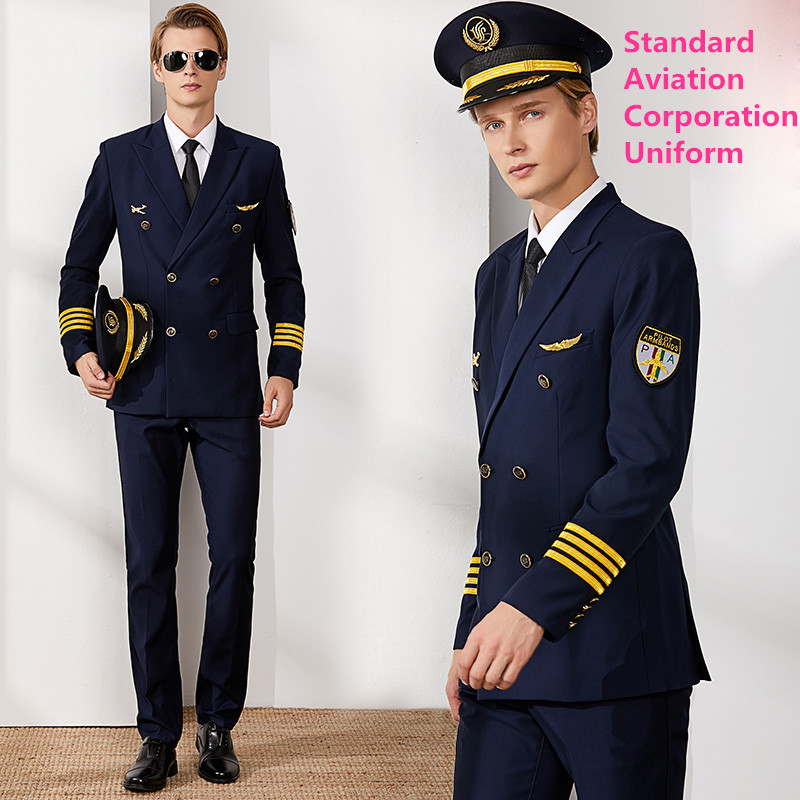 Workwear Flight Clothing Captain Aviation Blue Uniform Pilot Airline Professional Business Suits Jacket + Pants For Gentlemen