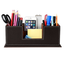 PU Leather Desktop Storage Box 4 Compartment Desk Organizer Card/Pen/Pencil/Mobile Phone/Remote Controller/Cosmetics Office