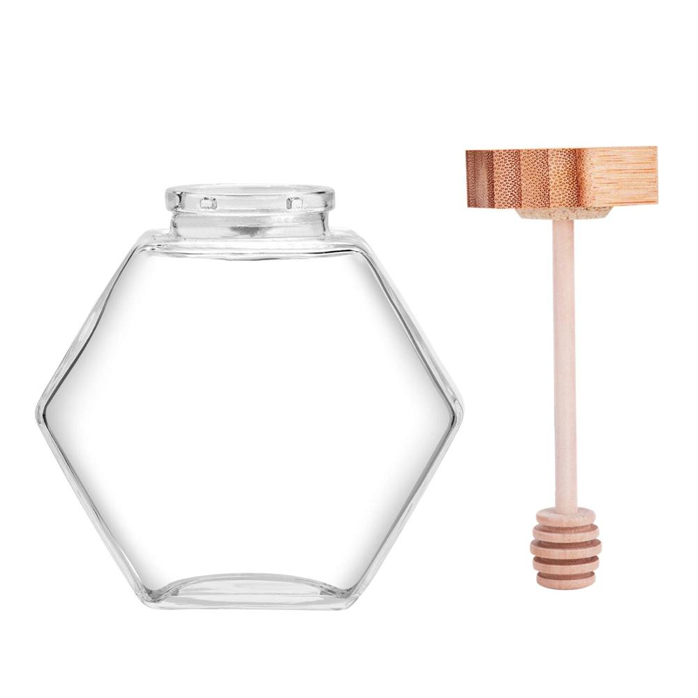 X5 Honey Pot 220ml 380ml Hexagonal Glass Honey Jar with Wooden Dipper Cork Lid Cover Beautiful Jelly Jar for Home Kitchen