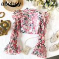 Women elegant floral print short design long sleeve back zipper blouse vintage female flower printing chiffon tops 2020 spring