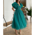 HONGFUYU Teal Green Dotted Tulle Prom Cocktail Dresses Tea Length A-line Evening Gowns Puff Sleeves Buttoned Top robe de soirée