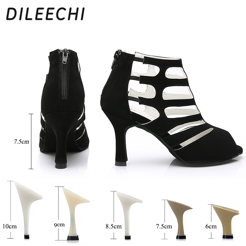 DILEECHI black velvet Latin dance shoes women's Wedding party dance shoes Salsa sandals zip dancing shoes soft outsole heel 75mm