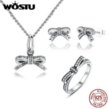 WOSTU Authentic Real 100% 925 Sterling Silver Sparkling Bow Knot Jewelry Sets Original Women Wedding Jewelry XCS022