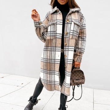 Winter Plaid Printed Women Jacket Fashion Long-Sleeved Loose Turn Down Collar Single-Breasted Long Shirt Coat Femme vrouw jas