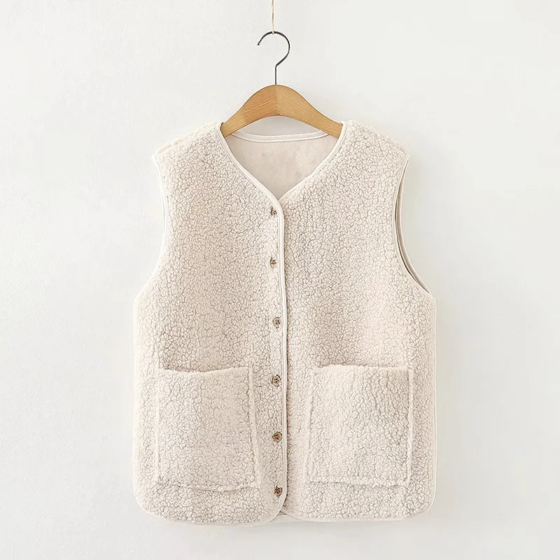 Lamb Plush Waistcoat Womens Winter News Keep Warm Vest Korean Version Of The Fur Loose Female Clothes Outwear Two Pockets