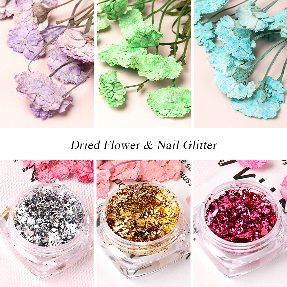 Nail Glitter Powder With Dried Flowers 3D Nail Art Decorations Summer UV Gel Floral Charm Aluminum Flakes Polish Tool JIFDZ01-12
