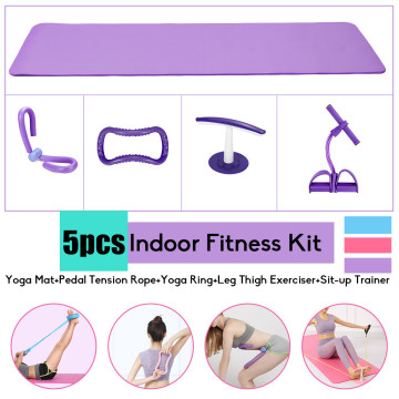 5 PCS Set Yoga Mat Training Equipment Indoor Workout Gear Resistance Bands Stretch Tension Pull Rope Full Body Muscle Exercise