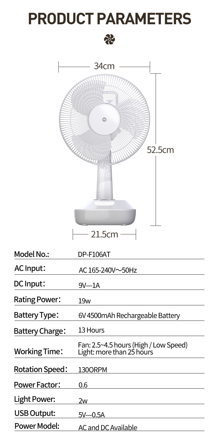 Rechargeable Pedestal Fan 12 inch Table Fan with LED Light--detail-8