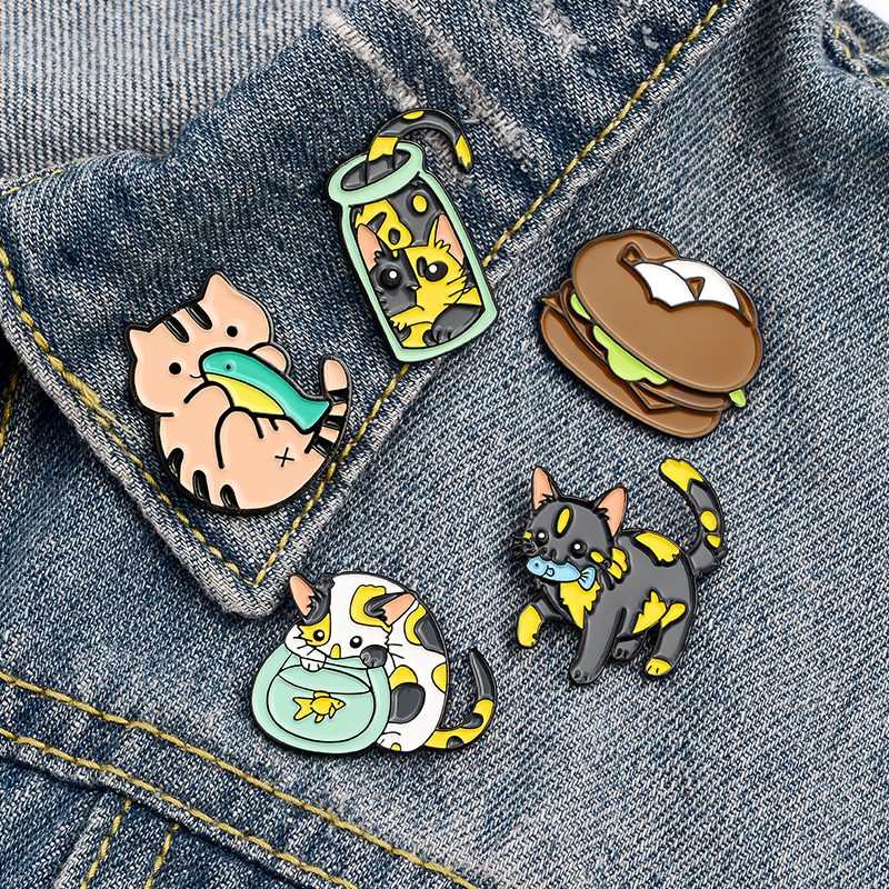 Cats and Fish Enamel Pin Custom Bottle Fishtank Hamburger Brooches Badge for Bag Lapel Pin Buckle Jewelry Gift for Kids Friends
