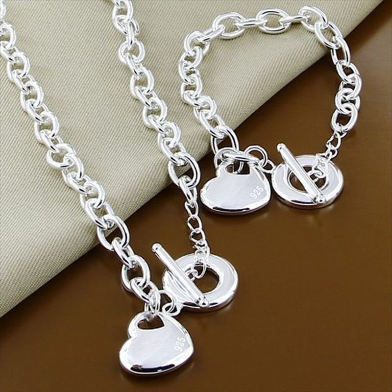New Arrival 925 Sterling Silver Jewelry Sets Fashion Heart Necklace Bracelet Set OT Free Shipping