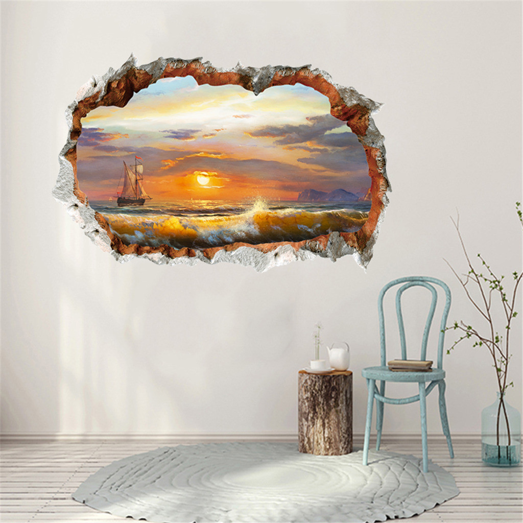 3D Broken Wall DIY Family Home Wall Sticker Nature Sunset Glow At The Beach Wallpaper Decal Living Room Mural Wall Art Poster