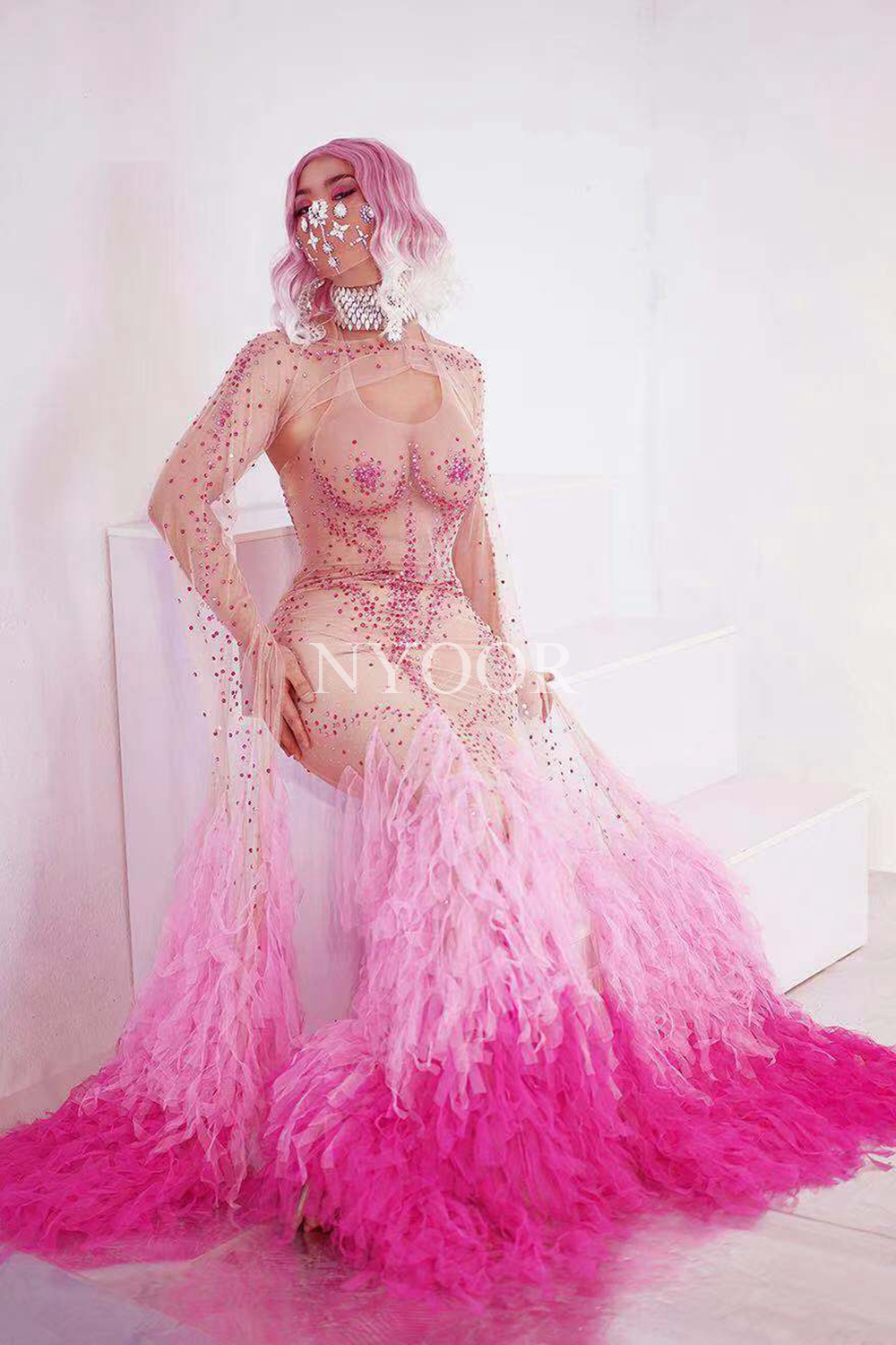 Rhinestone Rose Pink Mesh Fringe Tail Floor-length Dress Women Birthday Celebrate Prom Nightclub Outfit Sexy Stage Show Wear