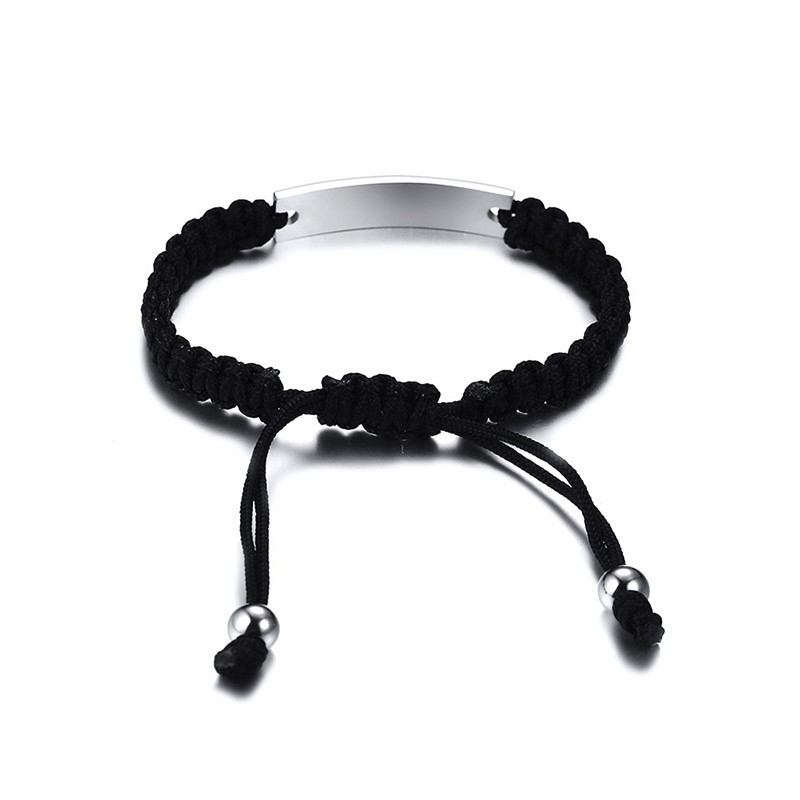 Personalized Braided Rope Bracelet with Stainless Steel ID Plate Bangles in Black Engravable Brackelts Adjustable